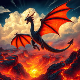 A vibrant and striking scene featuring a majestic black dragon with fiery orange wings soaring through a brilliant sky filled with luminous clouds