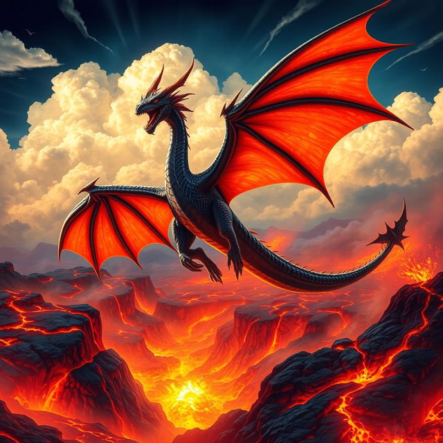A vibrant and striking scene featuring a majestic black dragon with fiery orange wings soaring through a brilliant sky filled with luminous clouds