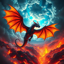 A vibrant and striking scene featuring a majestic black dragon with fiery orange wings soaring through a brilliant sky filled with luminous clouds