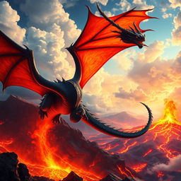 A vibrant and striking scene featuring a majestic black dragon with fiery orange wings soaring through a brilliant sky filled with luminous clouds