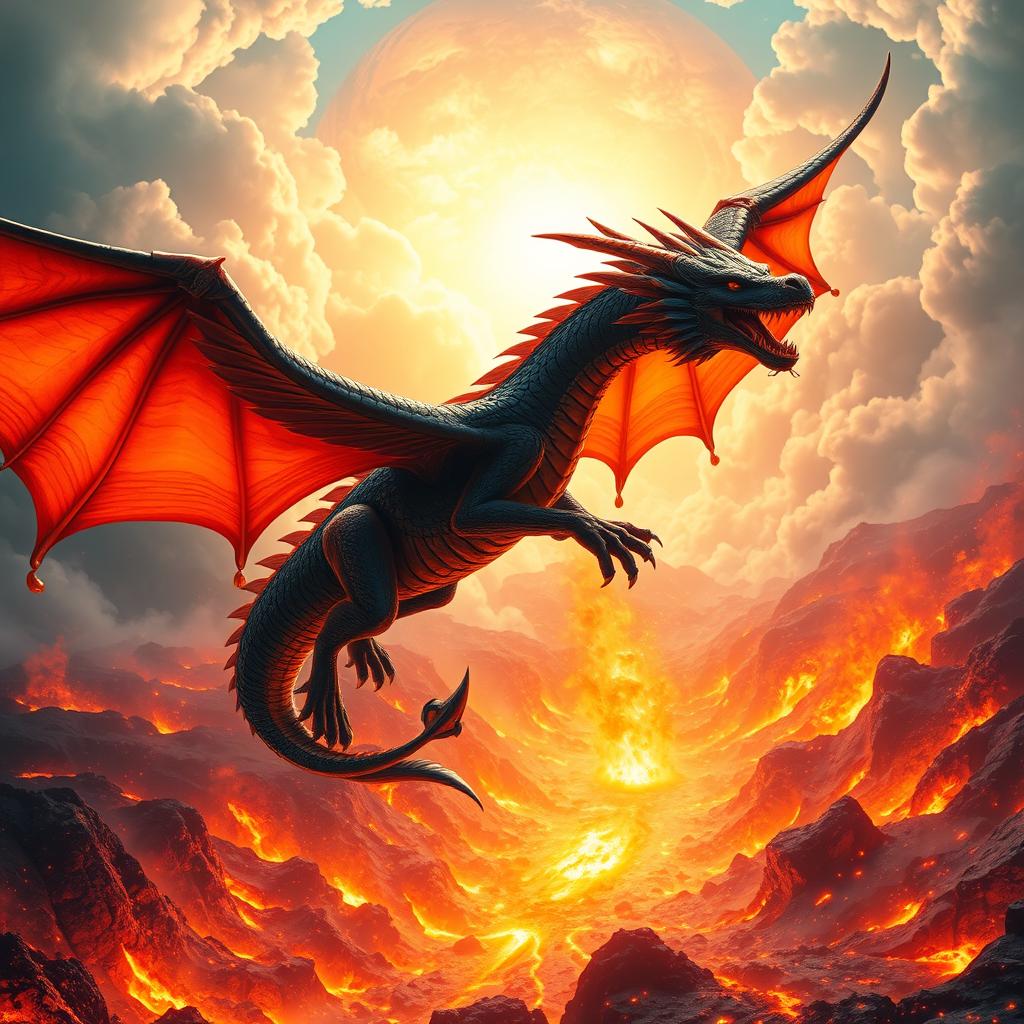 A vibrant and striking scene featuring a majestic black dragon with fiery orange wings soaring through a brilliant sky filled with luminous clouds