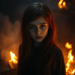 A serene yet mysterious portrait of a girl with vibrant red hair and captivating hazel eyes