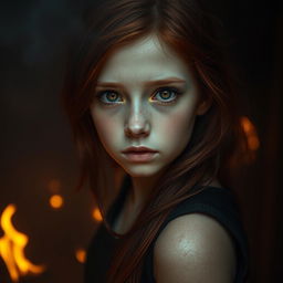 A serene yet mysterious portrait of a girl with vibrant red hair and captivating hazel eyes