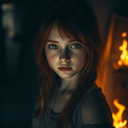 A serene yet mysterious portrait of a girl with vibrant red hair and captivating hazel eyes
