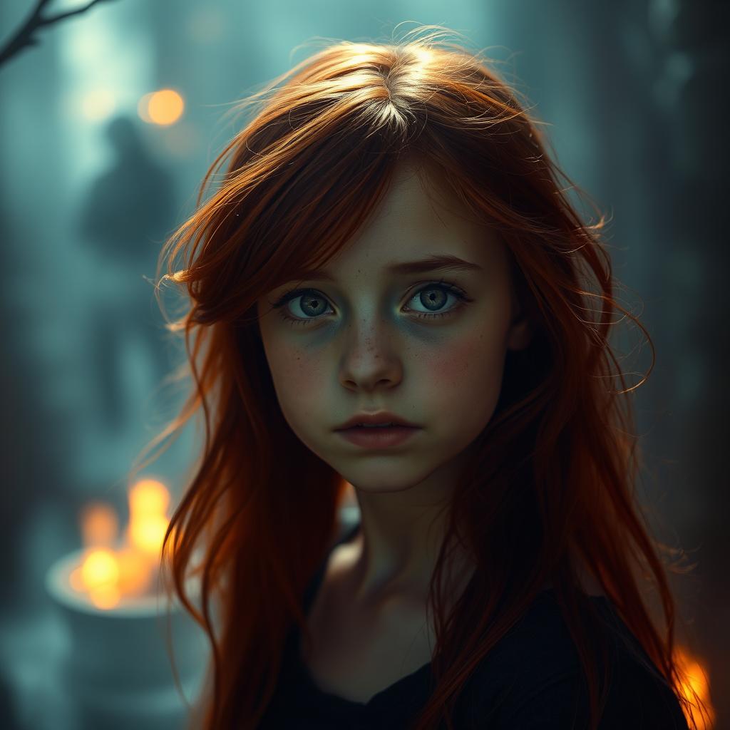 A serene yet mysterious portrait of a girl with vibrant red hair and captivating hazel eyes