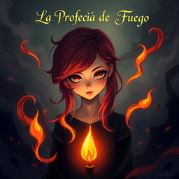A striking and mysterious illustration featuring a girl with vibrant red hair and captivating hazel eyes, embodying the essence of 'La Profecía de Fuego'