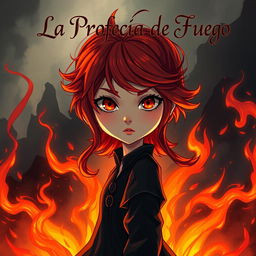 A striking and mysterious illustration featuring a girl with vibrant red hair and captivating hazel eyes, embodying the essence of 'La Profecía de Fuego'