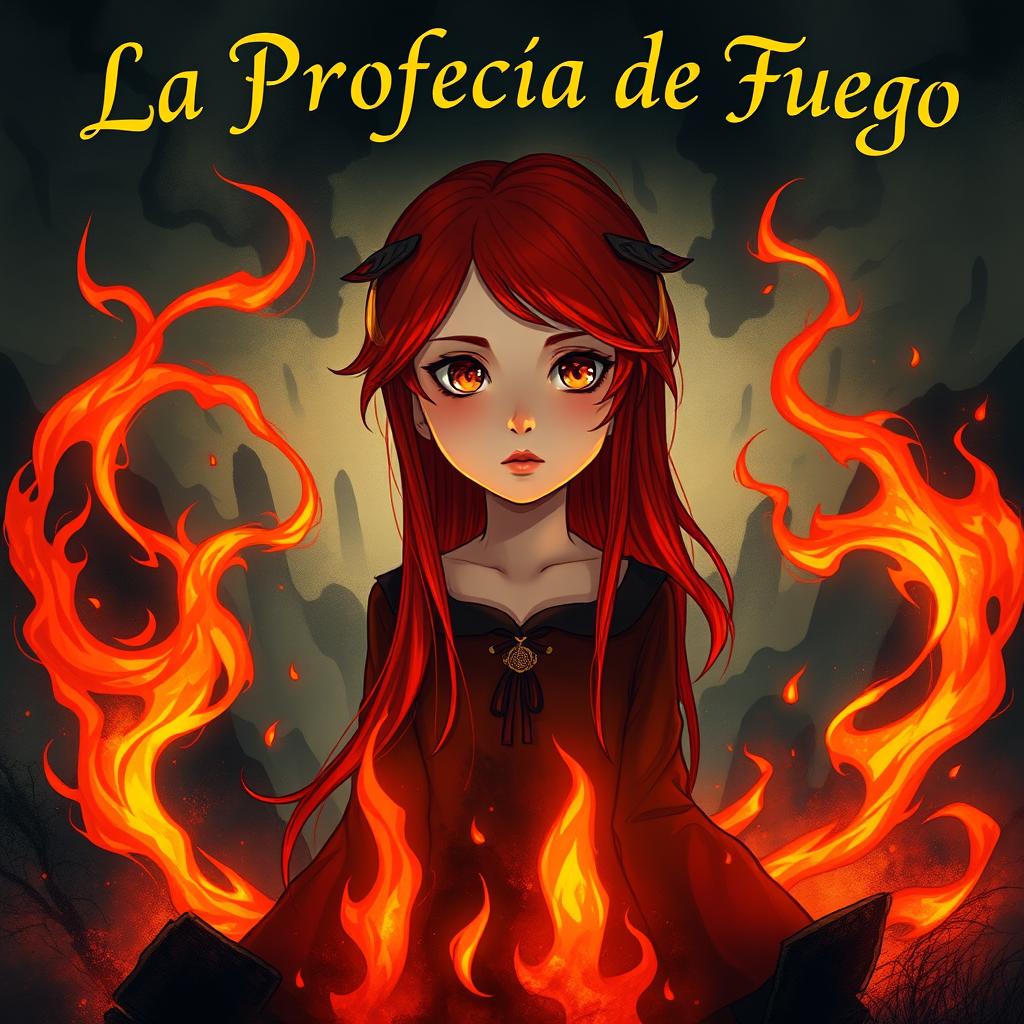 A striking and mysterious illustration featuring a girl with vibrant red hair and captivating hazel eyes, embodying the essence of 'La Profecía de Fuego'