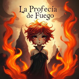 A striking and mysterious illustration featuring a girl with vibrant red hair and captivating hazel eyes, embodying the essence of 'La Profecía de Fuego'