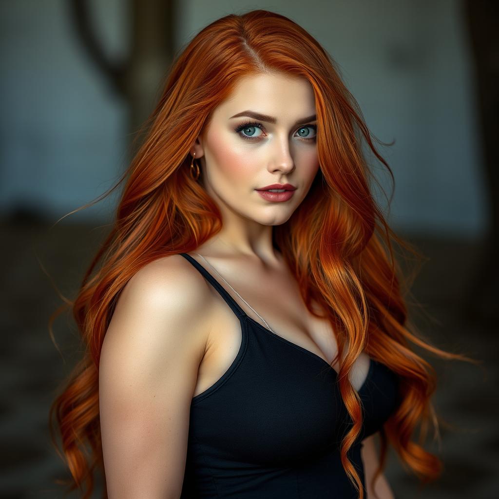 A beautiful woman with a curvy body and long, flowing red hair