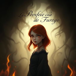 An elegant and mysterious scene featuring a girl with striking red hair and enchanting hazel eyes, embodying the essence of 'La Profecía de Fuego'