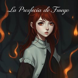 An elegant and mysterious scene featuring a girl with striking red hair and enchanting hazel eyes, embodying the essence of 'La Profecía de Fuego'