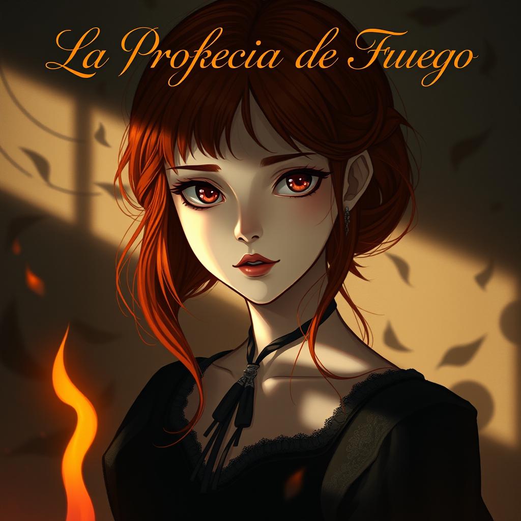 An elegant and mysterious scene featuring a girl with striking red hair and enchanting hazel eyes, embodying the essence of 'La Profecía de Fuego'