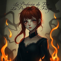 An elegant and mysterious scene featuring a girl with striking red hair and enchanting hazel eyes, embodying the essence of 'La Profecía de Fuego'