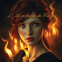 A realistic and elegant depiction of a girl with striking red hair and enchanting hazel eyes, set against a backdrop that reflects mystery and warmth