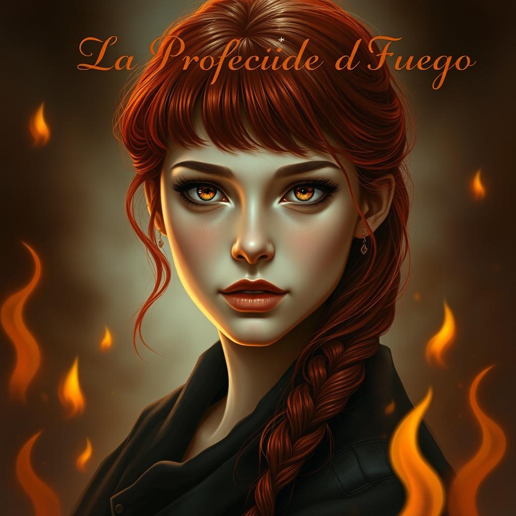 A realistic and elegant depiction of a girl with striking red hair and enchanting hazel eyes, set against a backdrop that reflects mystery and warmth
