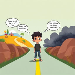A short animated story depicting a young person standing at a crossroads, symbolizing a moral dilemma