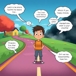A short animated story depicting a young person standing at a crossroads, symbolizing a moral dilemma