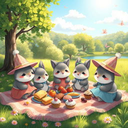 A whimsical and charming picnic scene featuring Ternurines, adorable and fluffy creatures, gathered in a lush green park