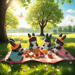 A whimsical and charming picnic scene featuring Ternurines, adorable and fluffy creatures, gathered in a lush green park