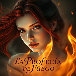 A realistic and elegant portrayal of a beautiful girl with flowing red hair and striking hazel eyes, set against a backdrop that exudes mystery and warmth