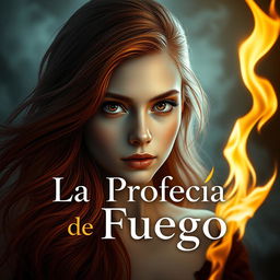 A realistic and elegant portrayal of a beautiful girl with flowing red hair and striking hazel eyes, set against a backdrop that exudes mystery and warmth