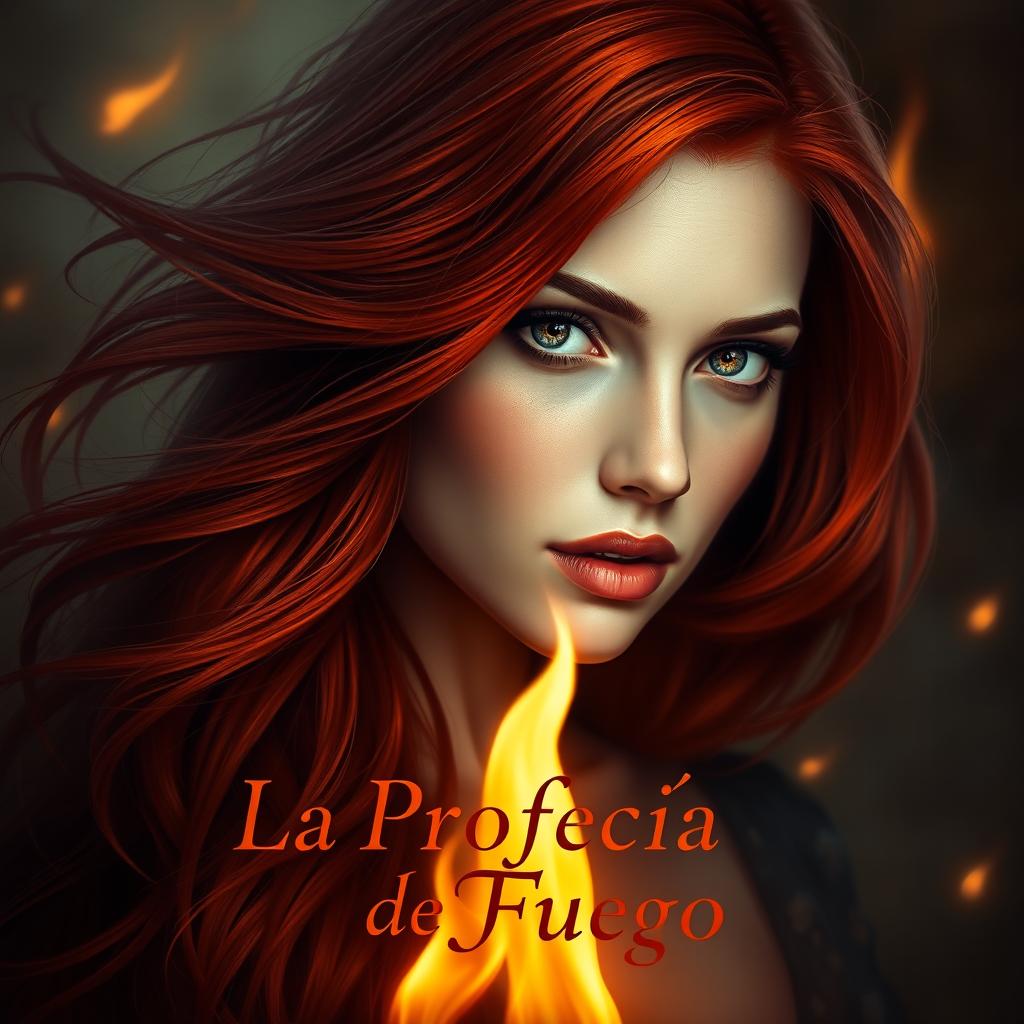 A realistic and elegant portrayal of a beautiful girl with flowing red hair and striking hazel eyes, set against a backdrop that exudes mystery and warmth