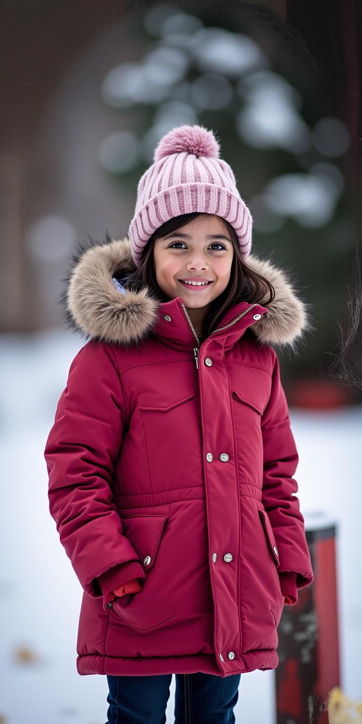 A young woman wearing a stylish winter jacket, standing in a snowy landscape in Kashmir