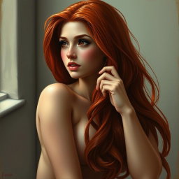 A beautiful woman with a curvy body and long, flowing red hair, captured in a moment of deep thought and reflection