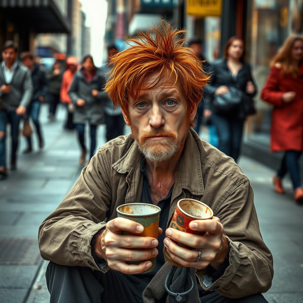 A red-haired man with a disheveled appearance, his hair messy and unkempt, wearing tattered clothing