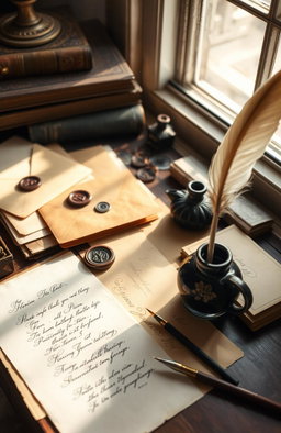 A beautifully arranged setup of letters and handwritten writing tools
