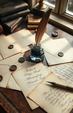 A beautifully arranged setup of letters and handwritten writing tools