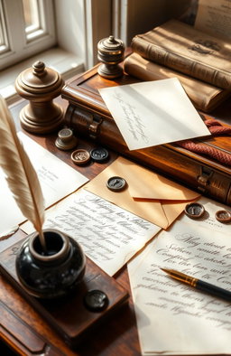 A beautifully arranged setup of letters and handwritten writing tools