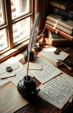A beautifully arranged setup of letters and handwritten writing tools