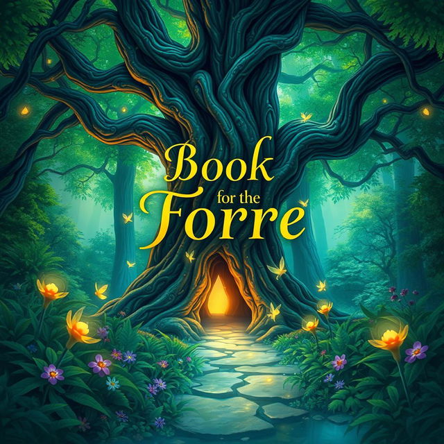 A captivating book cover design featuring an enchanting forest scene filled with lush greenery, mystical creatures, and a path leading into a magical unknown