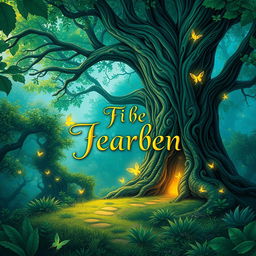 A captivating book cover design featuring an enchanting forest scene filled with lush greenery, mystical creatures, and a path leading into a magical unknown
