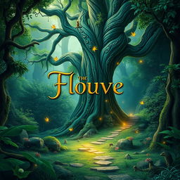 A captivating book cover design featuring an enchanting forest scene filled with lush greenery, mystical creatures, and a path leading into a magical unknown