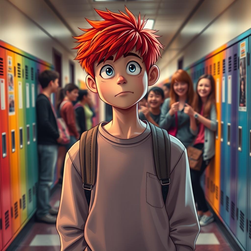 A scene depicting a young man with striking red hair, standing alone in a school hallway