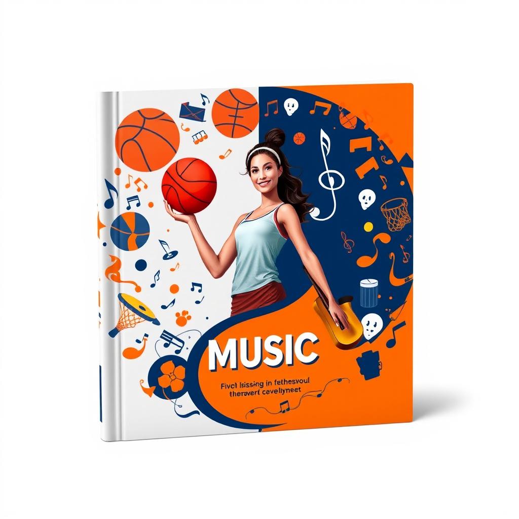 A dynamic book cover designed in a yin-yang style, featuring an artistic blend of basketball and music elements