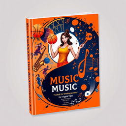 A dynamic book cover designed in a yin-yang style, featuring an artistic blend of basketball and music elements