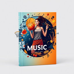 A dynamic book cover designed in a yin-yang style, featuring an artistic blend of basketball and music elements
