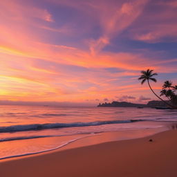 A serene landscape featuring a vast, colorful sunset over a calm ocean