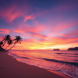 A serene landscape featuring a vast, colorful sunset over a calm ocean