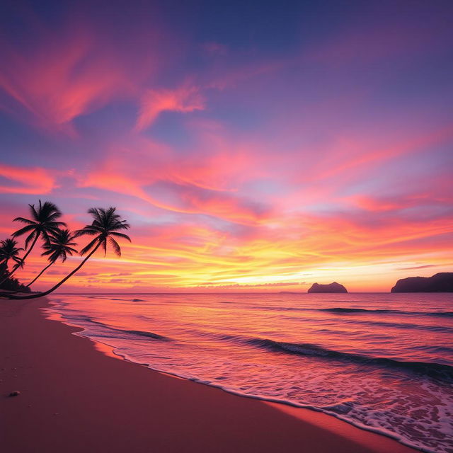 A serene landscape featuring a vast, colorful sunset over a calm ocean