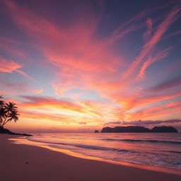 A serene landscape featuring a vast, colorful sunset over a calm ocean