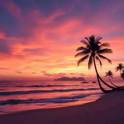 A serene landscape featuring a vast, colorful sunset over a calm ocean