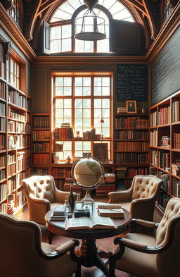 A beautiful, serene library filled with ancient books and scientific instruments, blending the worlds of science and literature