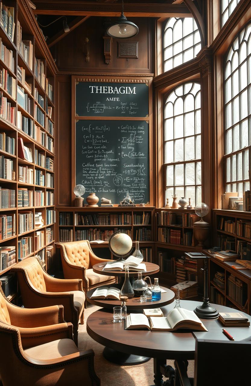 A beautiful, serene library filled with ancient books and scientific instruments, blending the worlds of science and literature