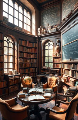 A beautiful, serene library filled with ancient books and scientific instruments, blending the worlds of science and literature