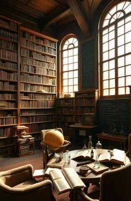A beautiful, serene library filled with ancient books and scientific instruments, blending the worlds of science and literature